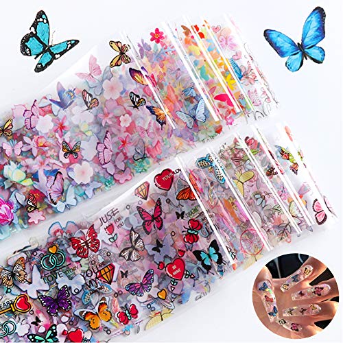 Butterfly Nail Art Stickers Nail Foils Transfer Decals 10 Designs Butterflies Nail Foil Transfer Sticker Manicure Tips Wraps Nail Art Supplies Adhesive Acrylic DIY Decoration Foils Stickers Set