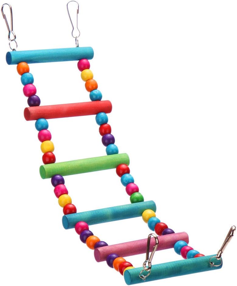 DETOP Colorful Parrot Chew Toys Step Ladder Flexible Wooden Rainbow Swing Bridge for Bird Cage Training-Wooden Ladder S