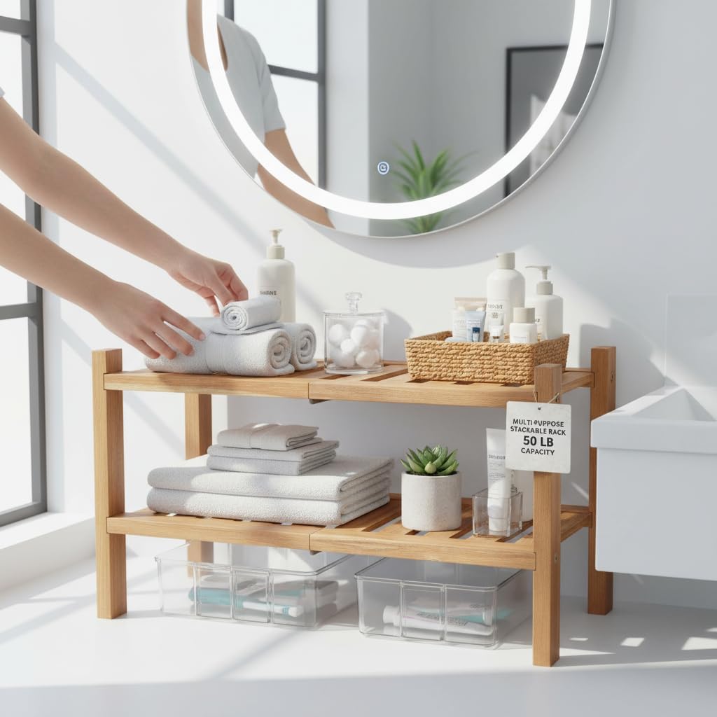 Acacia Wood Shoe Rack 2 Tier (Brush Teak Finish) – Stackable Shoe Organizer Two Tier Shoe Rack – Sturdy Wooden Shoe Storage Shelf for Entryway, Closet, Mudroom