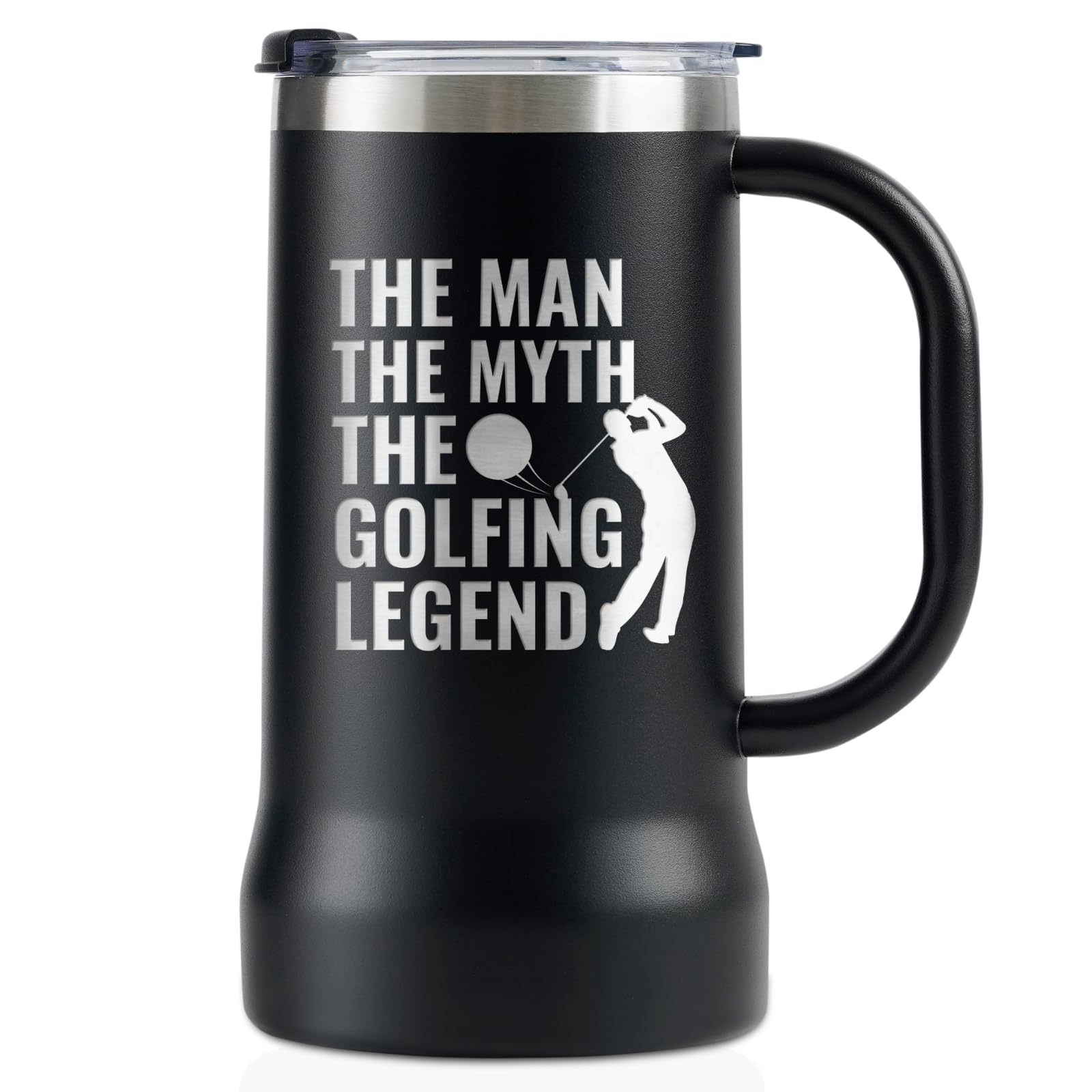 Onebttl Golf Gifts for Men - 24oz Stainless Steel Beer Mug With Handle and Lid - Stein Tumbler for Golf Lovers, Dad - Father's Day, Christmas - Man Myth Legend