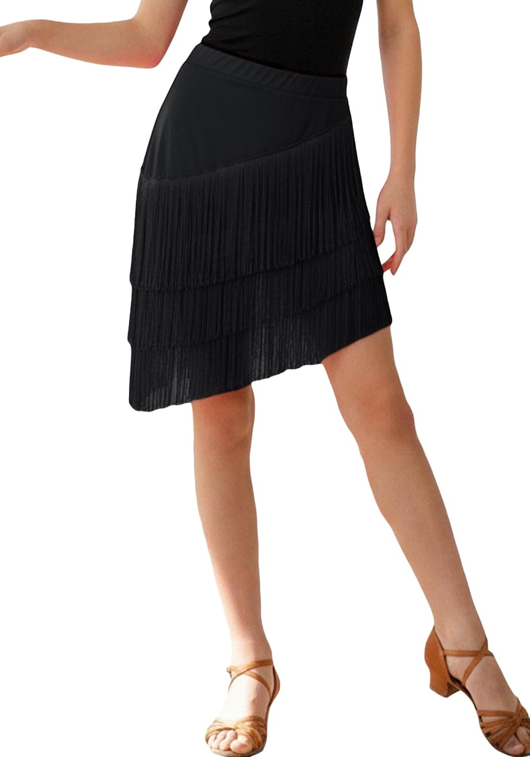 Happy Cherry Girls' 3-Layer Fringe Dance Skirt Latin Salsa Ballroom Performance Tango Samba Practice Dancewear