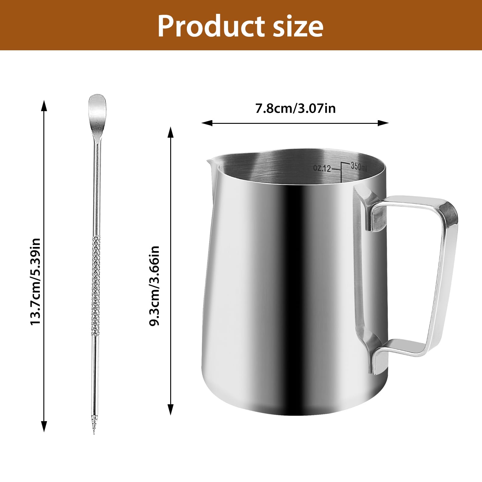 Dzbanek na mleko ze stali nierdzewnej, 350 ml, Dzbanek baristy, Dzbanek mleczny z oznaczeniem pomiaru i akcesoria baristy do sztuki Latte, do Cappuccino i Latté, Espresso, Srebrny