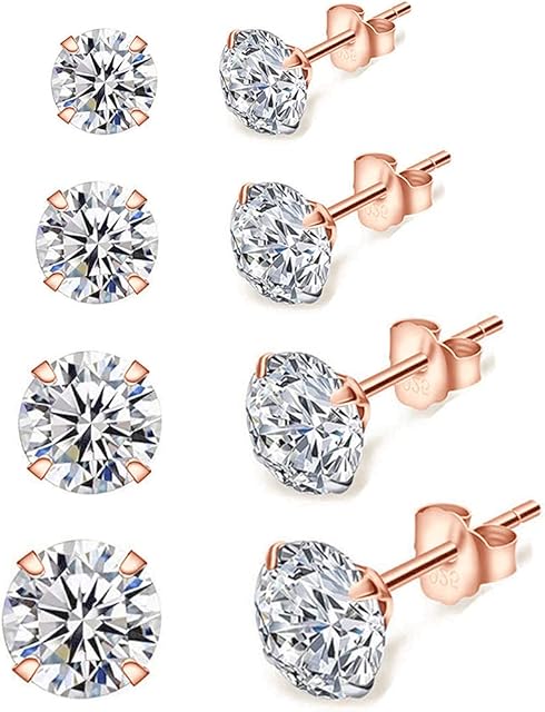 Shuxin Silver Stud Earrings for Women, 4 Pairs 925 Sterling Silver Cubic Zirconia Stud Earrings Set, Hypoallergenic Small Sleeper Cartilage Studs, with Clear 5A Cubic Zirconia, Size: 3, 4, 5, 6mm