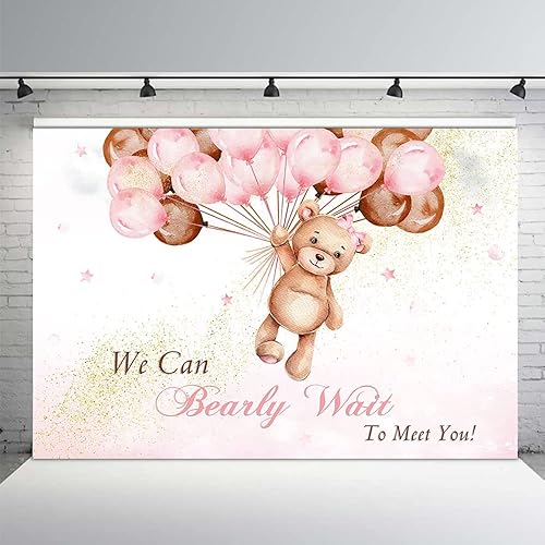 MEHOFOND Telón de fondo para baby shower con texto en inglés "We Can Bearly Wait to Meet You" de 10 x 7 pies, globos rosas y marrones, purpurina