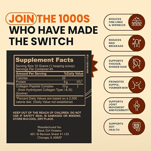 Miniatura 4 de Black Girl Vitamins Colágeno en polvo - Colágeno para piel, cabello y uñas - Polvo de colágeno hidrolizado sin sabor, sin lácteos, colágeno sin