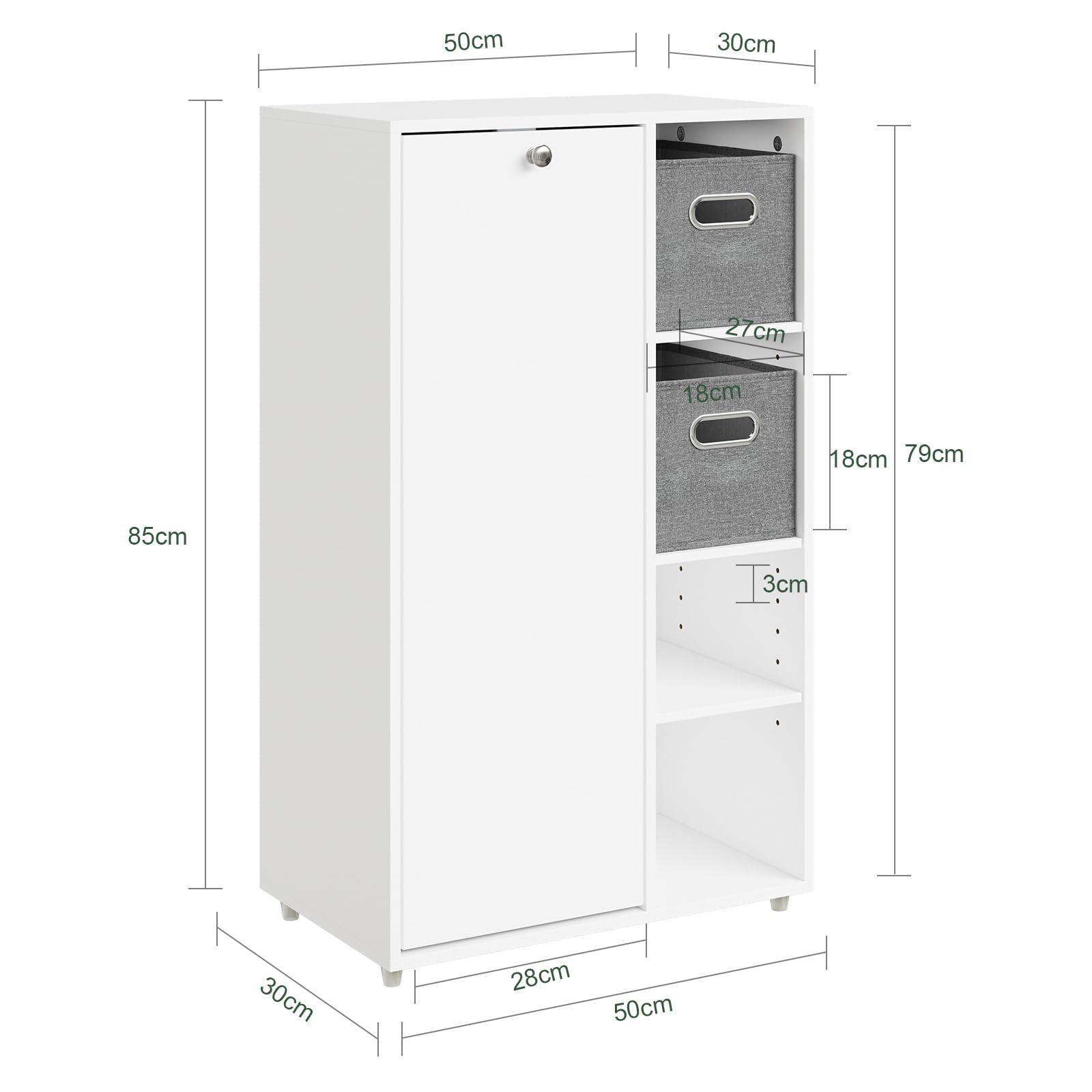 SoBuy Mobiletto Bagno Salvaspazio con Cesto Portabiancheria - Mobile Lavanderia Bianco Armadietto Bagno Stretto con 2 Cassetti in Tessuto Mobile Salvaspazio 50x30x105 cm BZR218-W