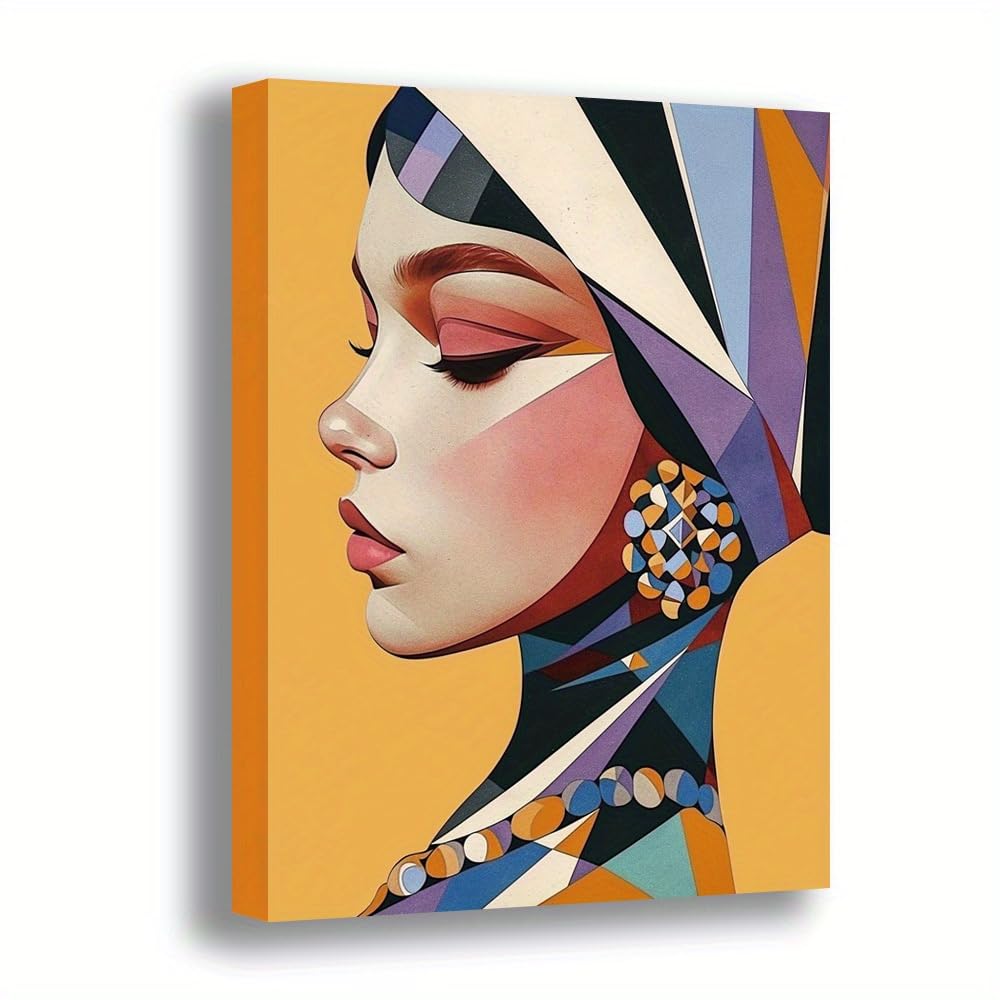 CWZBFEH Elegant Modern Abstract Female Portrait Canvas Artwork Vibrant Geometric Patterns, for Home & Office Decor(55x75cm/No frame)