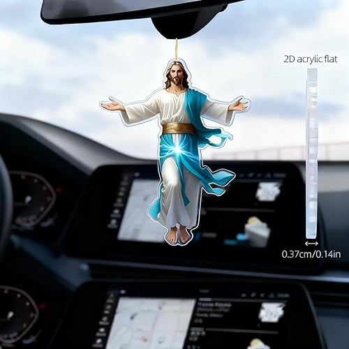 Miniatura 3 de Decoración colgante de coche retro 2D de Jesús, adorno cristiano para espejo retrovisor para fe y protección, adorno colgante de coche de fe de