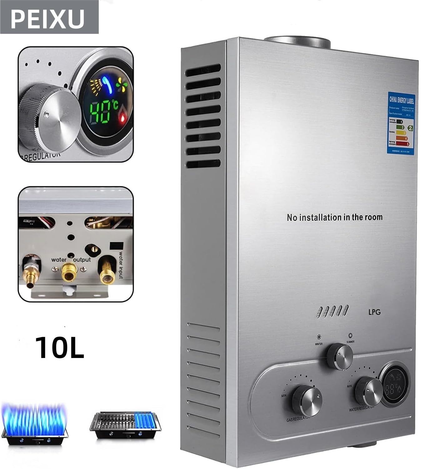 10L Scaldacqua a Gas Propano GPL 20KW Propano Butano Riscaldatori di Acqua a Gas Liquefatto,Scaldabagno Istantaneo Senza Serbatoio con Kit Doccia, per Campeggio,Camper,Casa