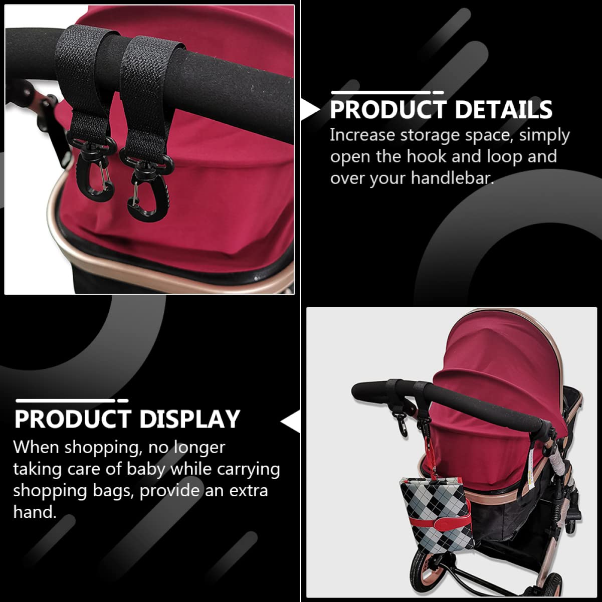 SUPVOX 12pcs Stroller Hook Stroller Hanger Hook Hooks Nappy Buggy Bag Pram Stroller Clip Strap Motorbike Hook Non-Slip Hook Stroller Clips Black Polyester
