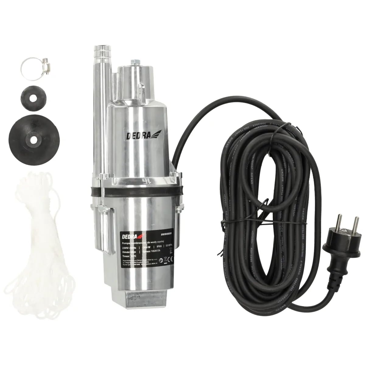 Dedra DED8851 – pompa membranowa zanurzeniowa 300 W, wydajność 1020 l/h, wysokość podnoszenia 68 m, przewód 10 m, do czystej wody, aluminiowa obudowa – komplet