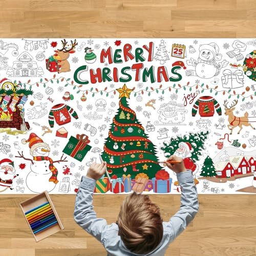 Christmas Coloring Tablecloth for Kids ‒ 72×30 Inch Giant DIY Paper Table Cover, Xmas Party Activity & Craft Decorations