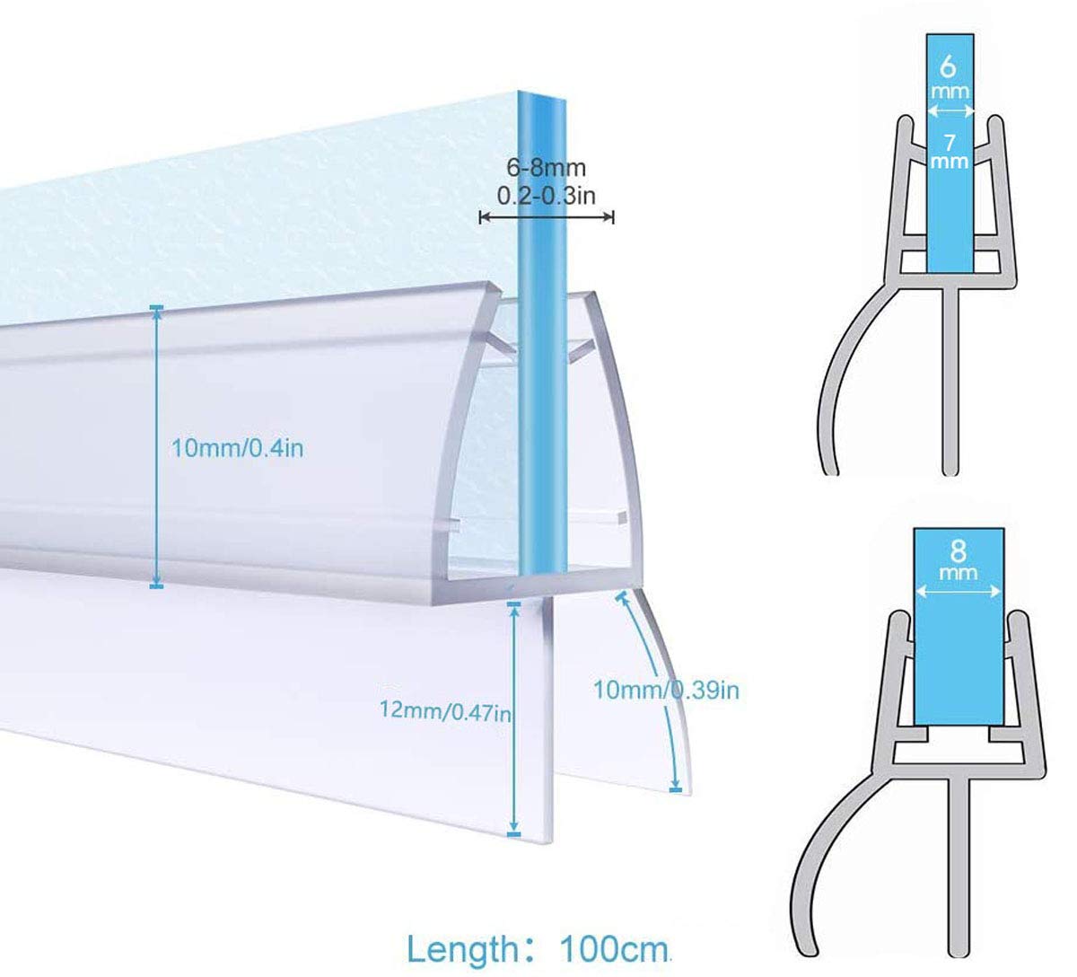 Shower Screen Seal Strip, 2Pcs Plastic Shower Door Seal for 68mm Straight Glass Screens, 100cm