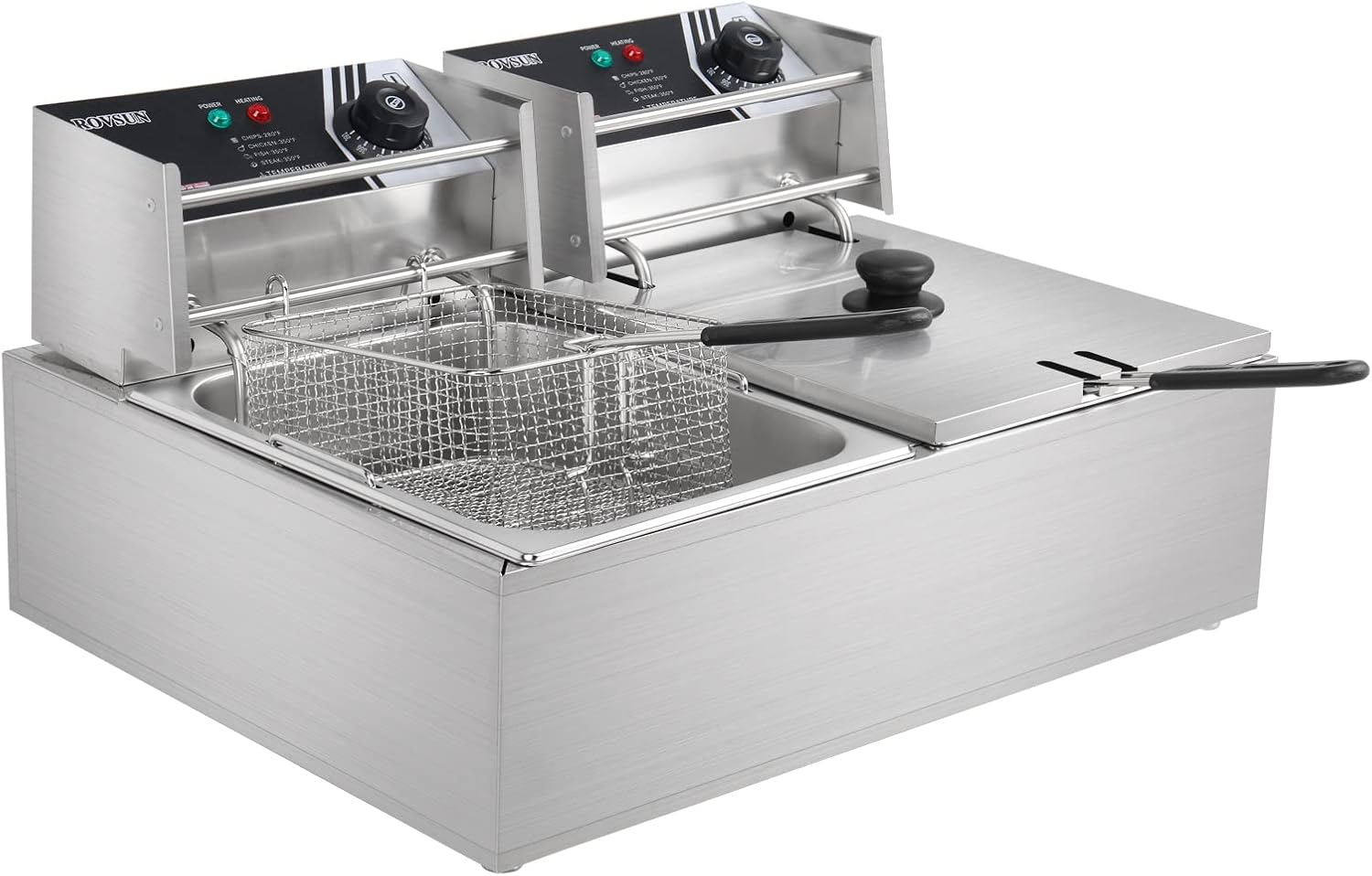 ROVSUN 22.8QT/21.6L Electric Deep Fryer w/Baskets & Lids, Countertop Commercial Stainless Steel Dual Tank Kitchen Fat Fryer Frying Machine for French Fries, Donuts, Adjustable Temperature, 5000W