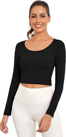 Womens Long Sleeve Crop Tops Scoop Neck Lightweight Workout Slim Fit Going Out Gym Yoga Shirts