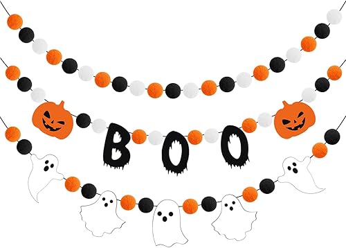 Doumeny Guirnalda de Halloween Boo Banner de bolas de fantasma de fieltro, pancarta de bolas de fantasma, color negro, naranja, blanco, banderines,