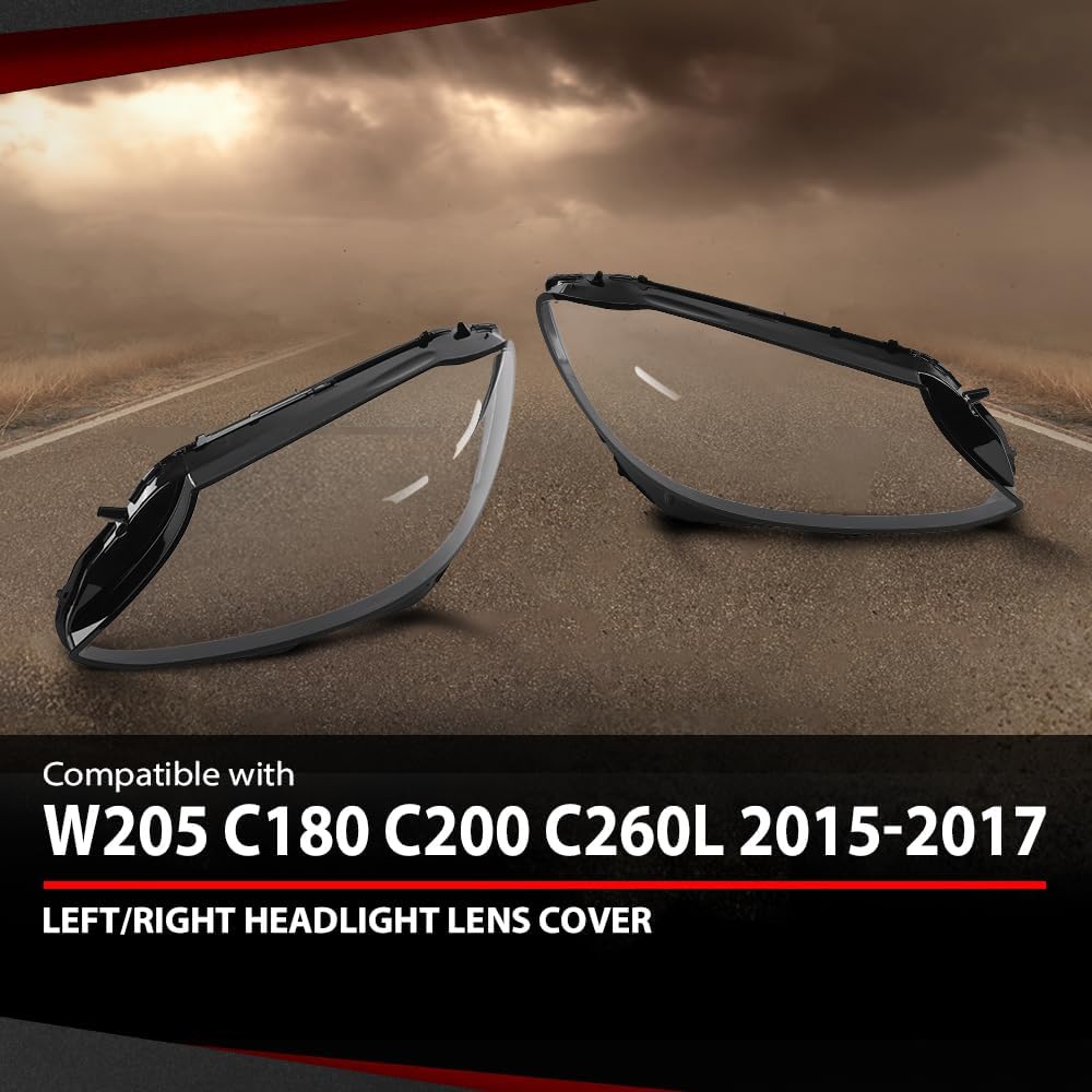 Headlight Lens Cover Pair Compatible with Benz C-Class W205 C180 C200 C250 C260L C300 C350 C400 2015-2017 A2059067303, A2059067403 Front Headlamp Lens Cover Clear