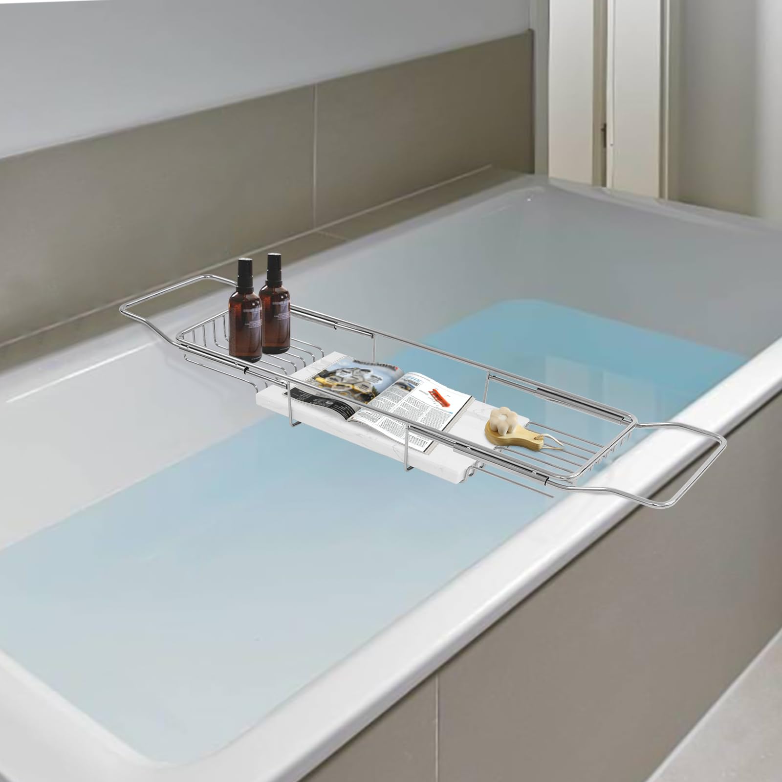 Expandable Bathtub Tray Caddy for Luxury Bath, Extra Wide Acrylic Tub Tray with Natural Marble Board, Waterproof Bath Tub Shelf for Phone, Wine, Book, Tablet Stand - Ideal Home Spa (Silver, White)