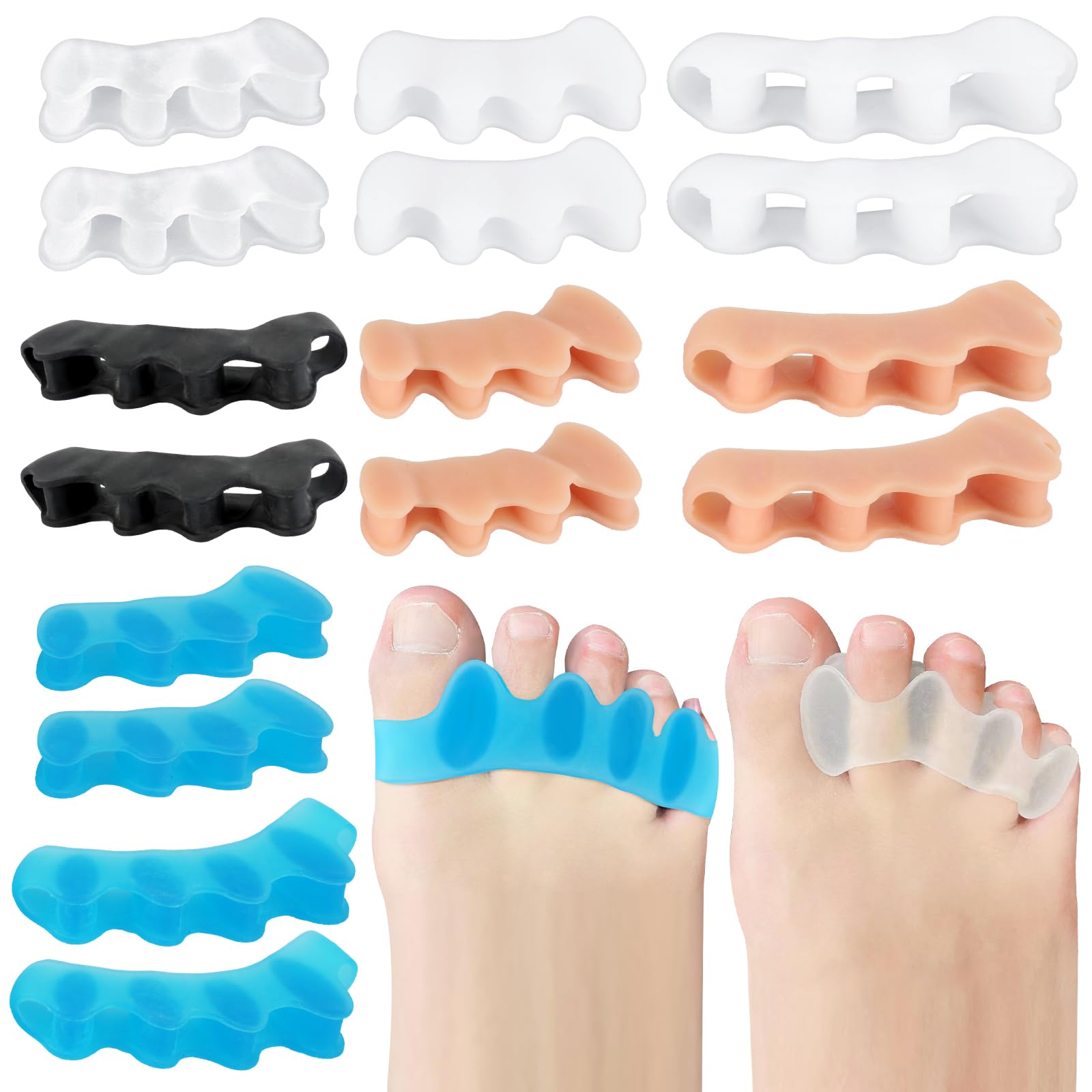 8 Pares Separador Dedos Pie, Separadores de Dedos de Los Pies Silicona con Tres Agujeros y Cinco Agujeros, Separador Dedos en 4 Colores, Restore Feet Universal para Pedicura de Hombres y Mujeres