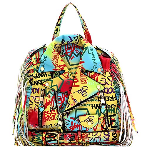 Moto Jacket Design Bike Vegan Leather Fringed Saddle Bag Fashion Backpack Purse (1Graffiti Print - 1Bright Multi)
