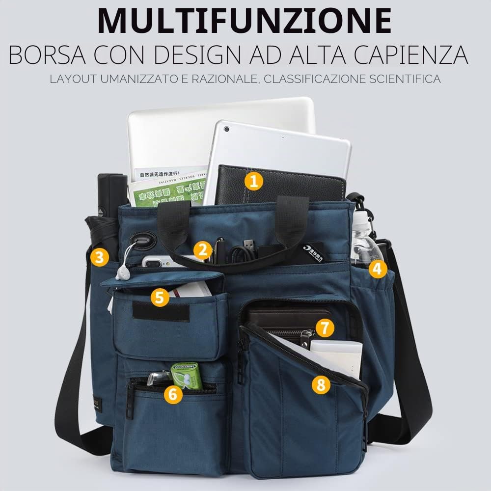 Borsa da uomo a tracolla, per computer portatile, borsa da lavoro, impermeabile per viaggi
