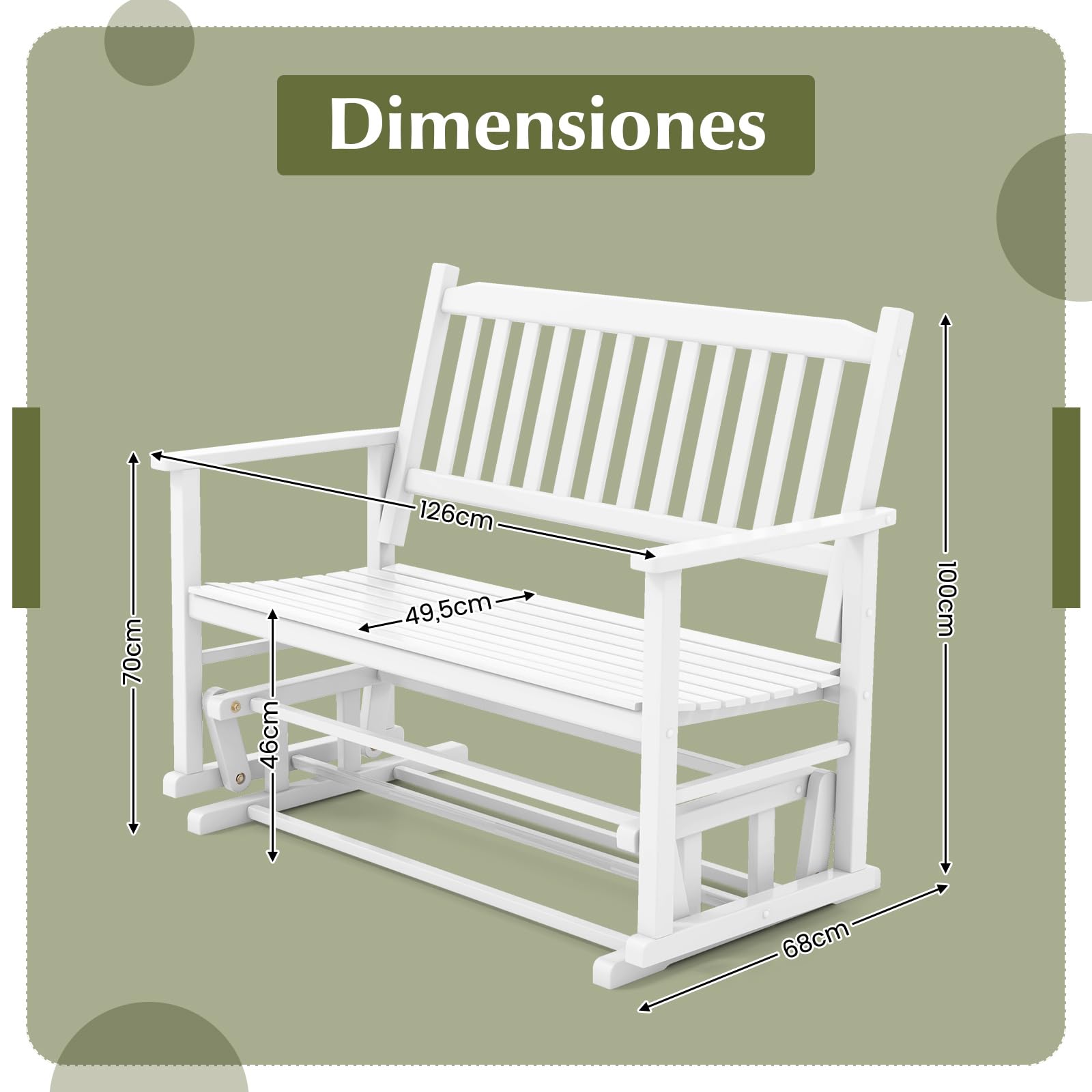 COSTWAY Banco Balancin Jardin Exterior 2 Plazas, Mecedora con Asiento de Listones y Respaldo Curvado, Deslizamiento Suave y Seguro, Blanco, 126 x 68 x 100 cm