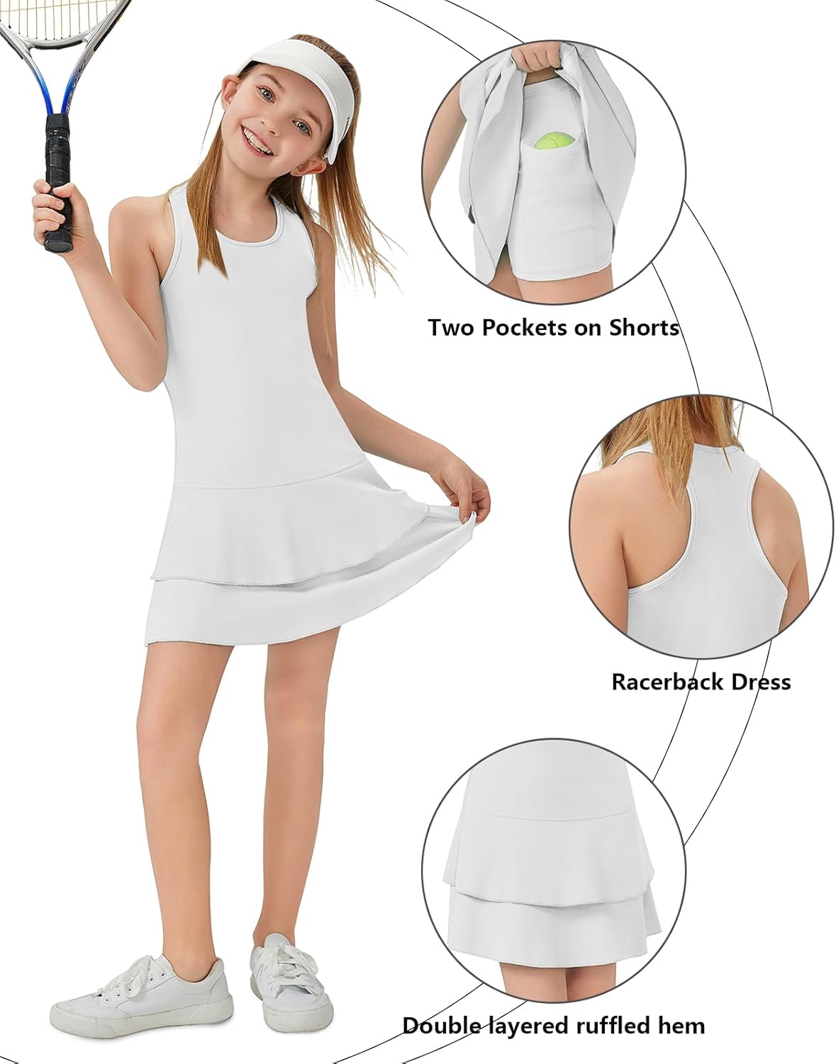 Soneven Girls Golf Dress Sleeveless Racerback Athletic Dress School Sports Dresses Outfit with Shorts Pockets