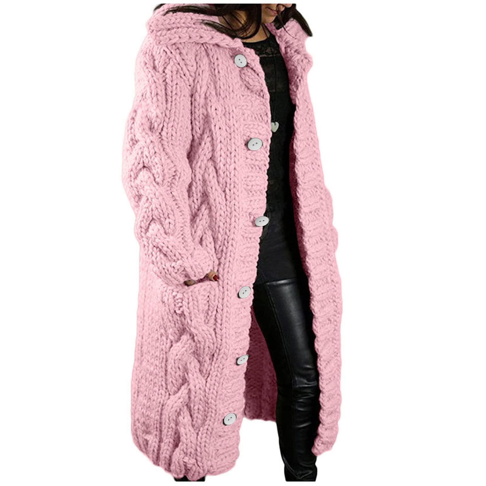 Cárdigan con botones para mujer, suéter de punto grueso de gran tamaño, suave, manga larga, parte delantera abierta, abrigo holgado con 2 bolsillos, ropa de punto acanalado, ropa de abrigo ligera y