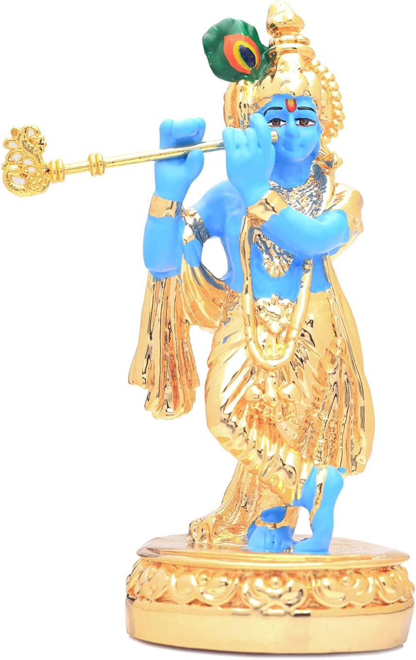 Lord Krishna & Flute Gold-Plated Terracotta Idol | Hindu God of Success, Prosperity & Good Luck | 4.5-Inch Puja Figurine Sculpture for Car Dashboard