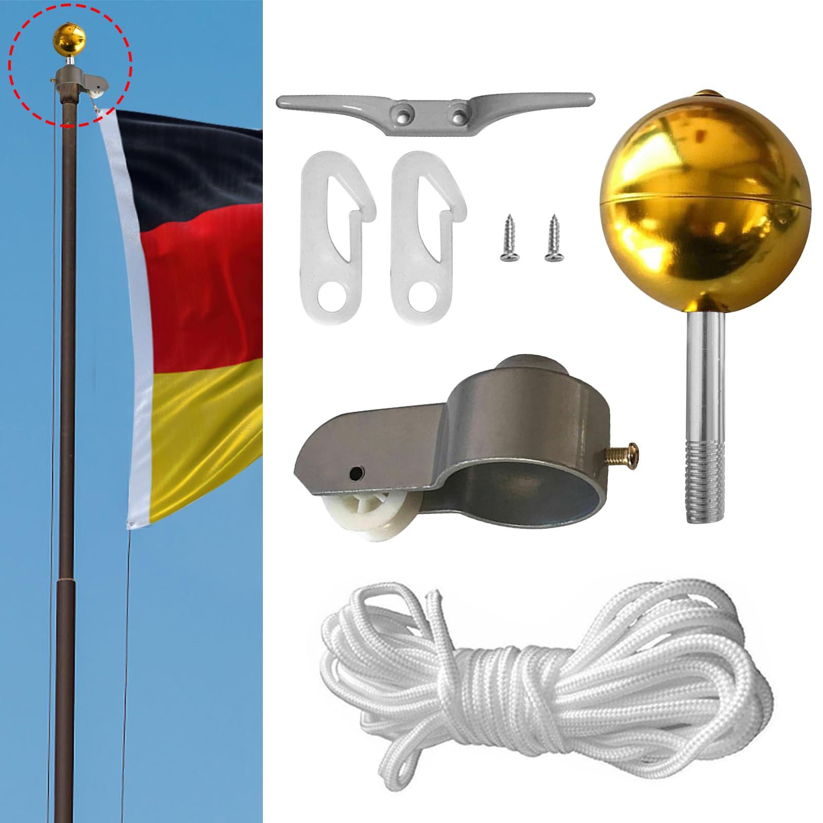 Kit Accessori Bandiera Completo - Topper, Sfera, Corda E Moschettoni Per Asta