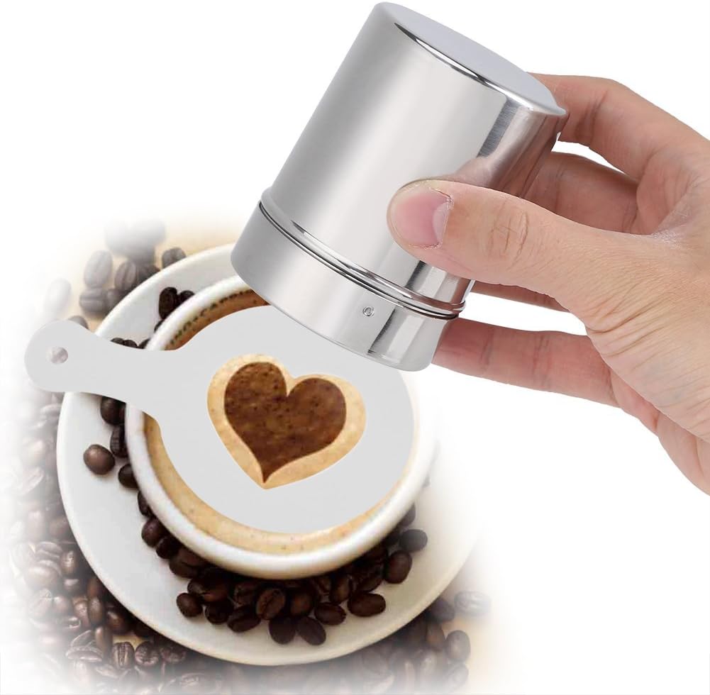 Fdit Stainless Steel Chocolate Shaker Icing Sugar Powder Cocoa Flour Coffee Sifter Dredge Duster Seasoning Cooking Tools Fine Mesh with 16pcs Coffee Stencils Cappuccino Latte Art(Coffee Shaker)