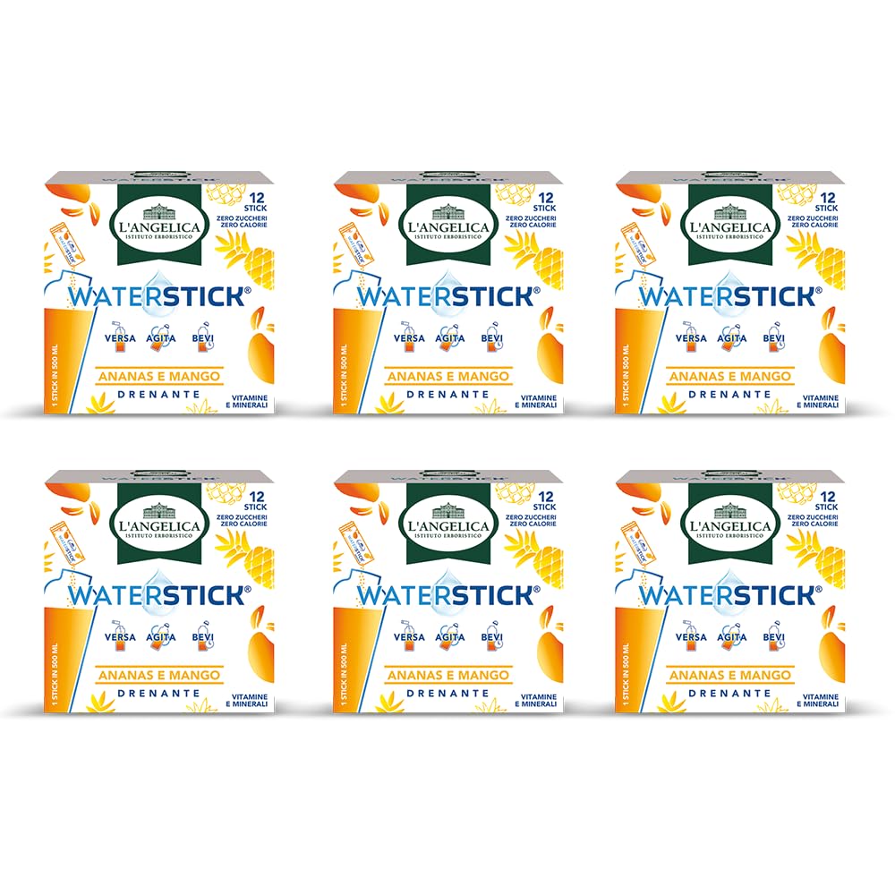 L'Angelica, Waterstick, Gusto Ananas e Mango, Drenante, Con Vitamine e Minerali, Contro Stanchezza e Affaticamento, Zero Zuccheri & Zero Calorie, Senza Conservanti, 6 Astucci da 12 Stick