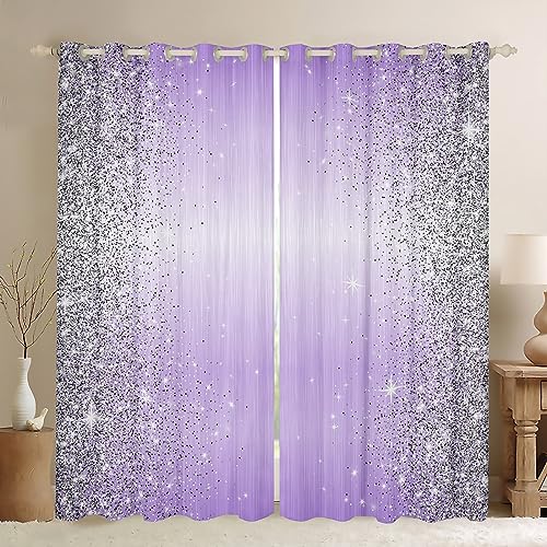 Manfei Light Purple Blackout Curtains Abstract Sliver Grey Print (No Glitter) Window Drapes for Kids Girls, Sequins Sparkling Window Treatments, Grommet Top 2 Panel Set Bedroom Curtains, 66Wx90L inch