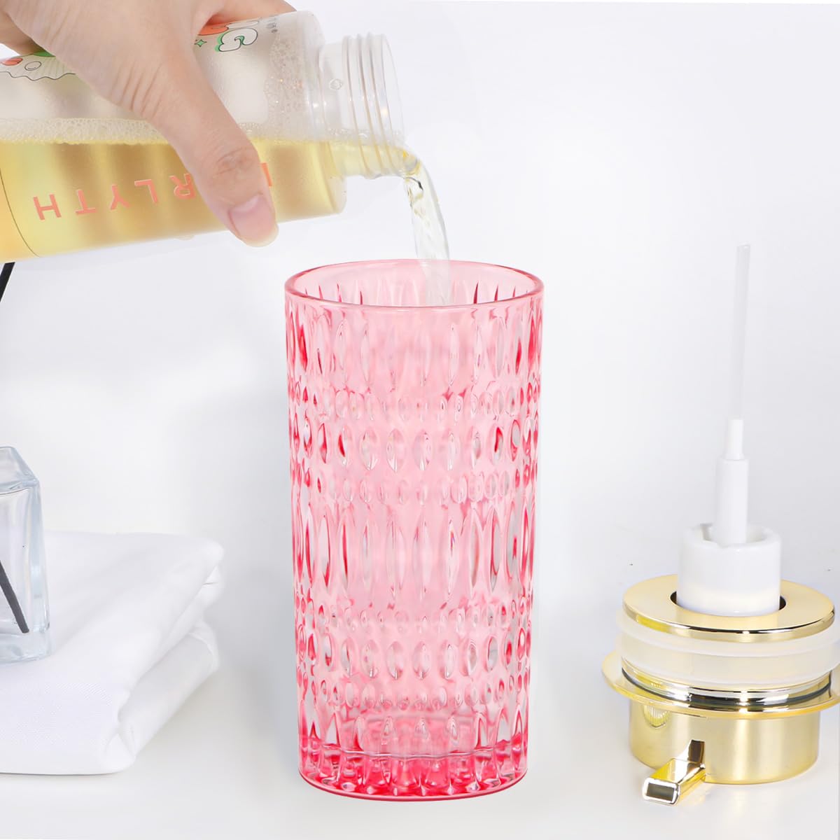 Schaumseifenspender, schäumender Handseifenspender aus Glas mit Pumpe, 400 ml, Badezimmer, nachfüllbar, Flüssiglotion, Pumpflasche, Behälter für Küche, Arbeitsplatte, Dekor (1, Roségold)
