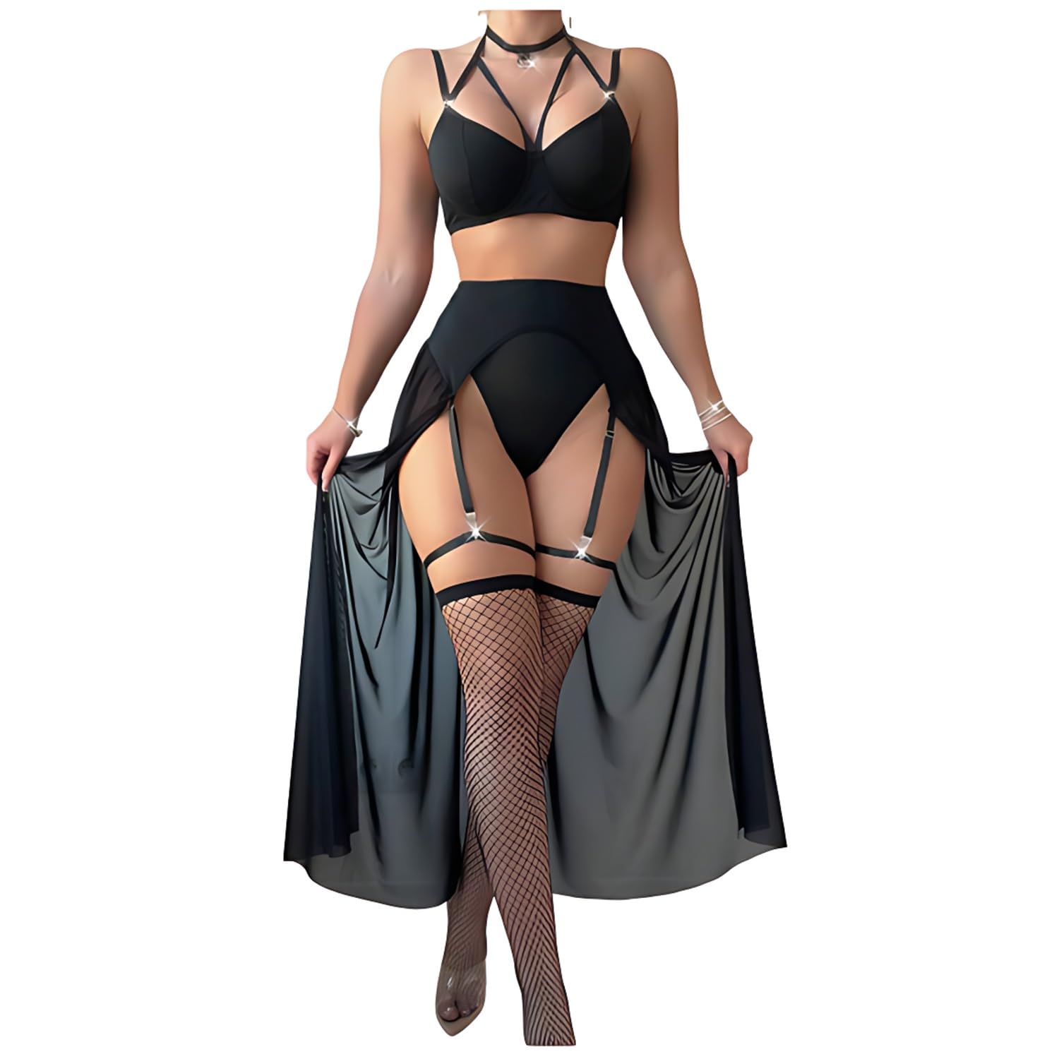 Women Net Short Black Floral Dress Babydoll Lingerie with Panty Halter Neck Deep Back Pattern-image-30
