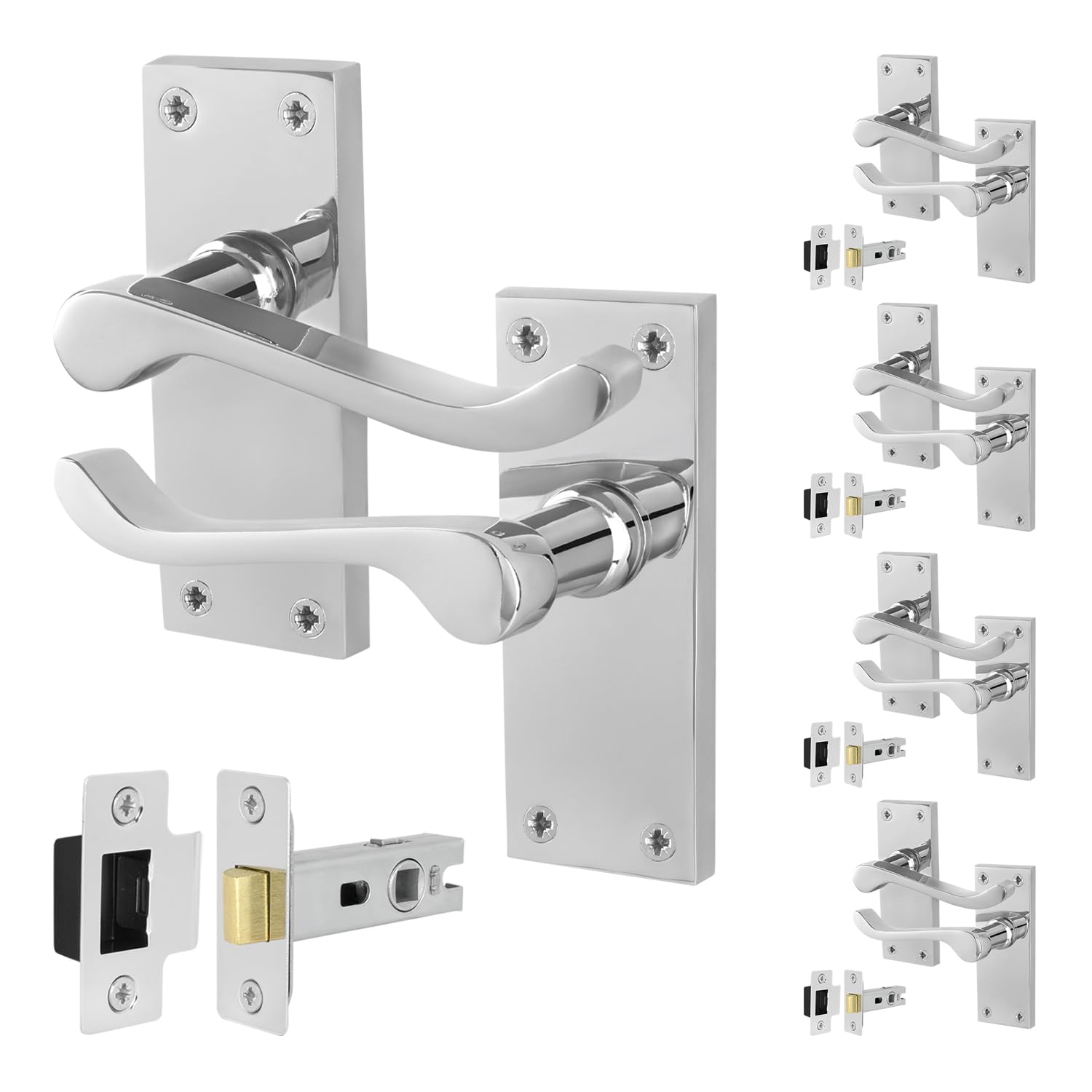 EAI Chrome Victorian Scroll Latch Handle Set, 5 Pairs Polished Chrome Internal Lever Door Handles on Backplate and Latch 64mm