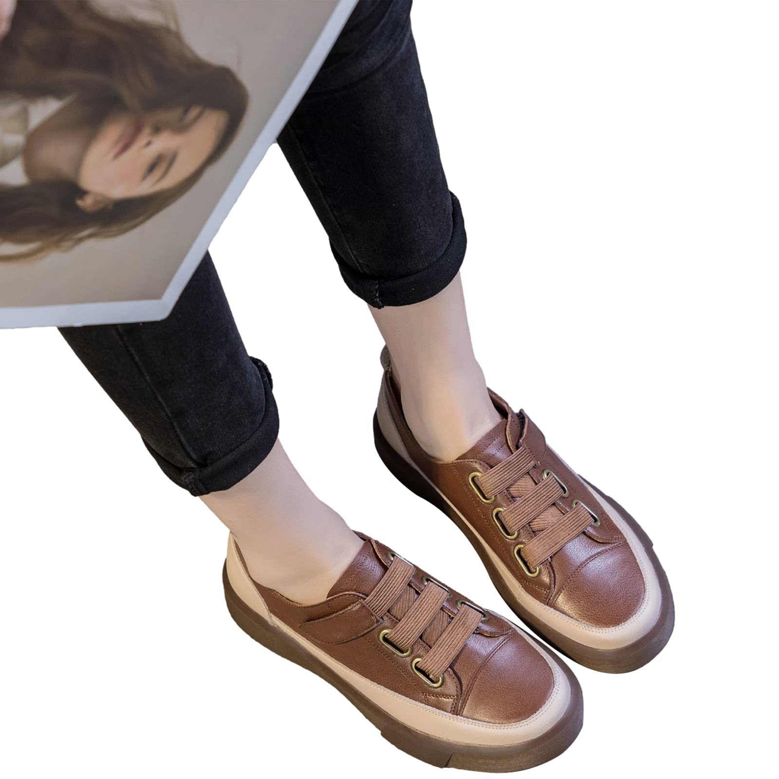 Damen Retro Stil Low Top Sneaker aus Echtem Leder Weicher Sohle Loafer Schuhe mit Klettverschluss
