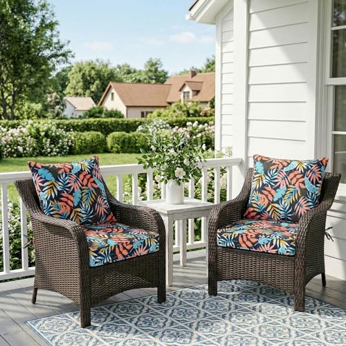 Image of UNIKOME 22 inchx22 inchx3 inch Outdoor Chair Cushions Set - Waterproof Patio Cushions for Outdoor Furniture with Removable Cover, Ties & Handle, Deep Seat Patio Cushions for Sofa Couch - Dark Leaves