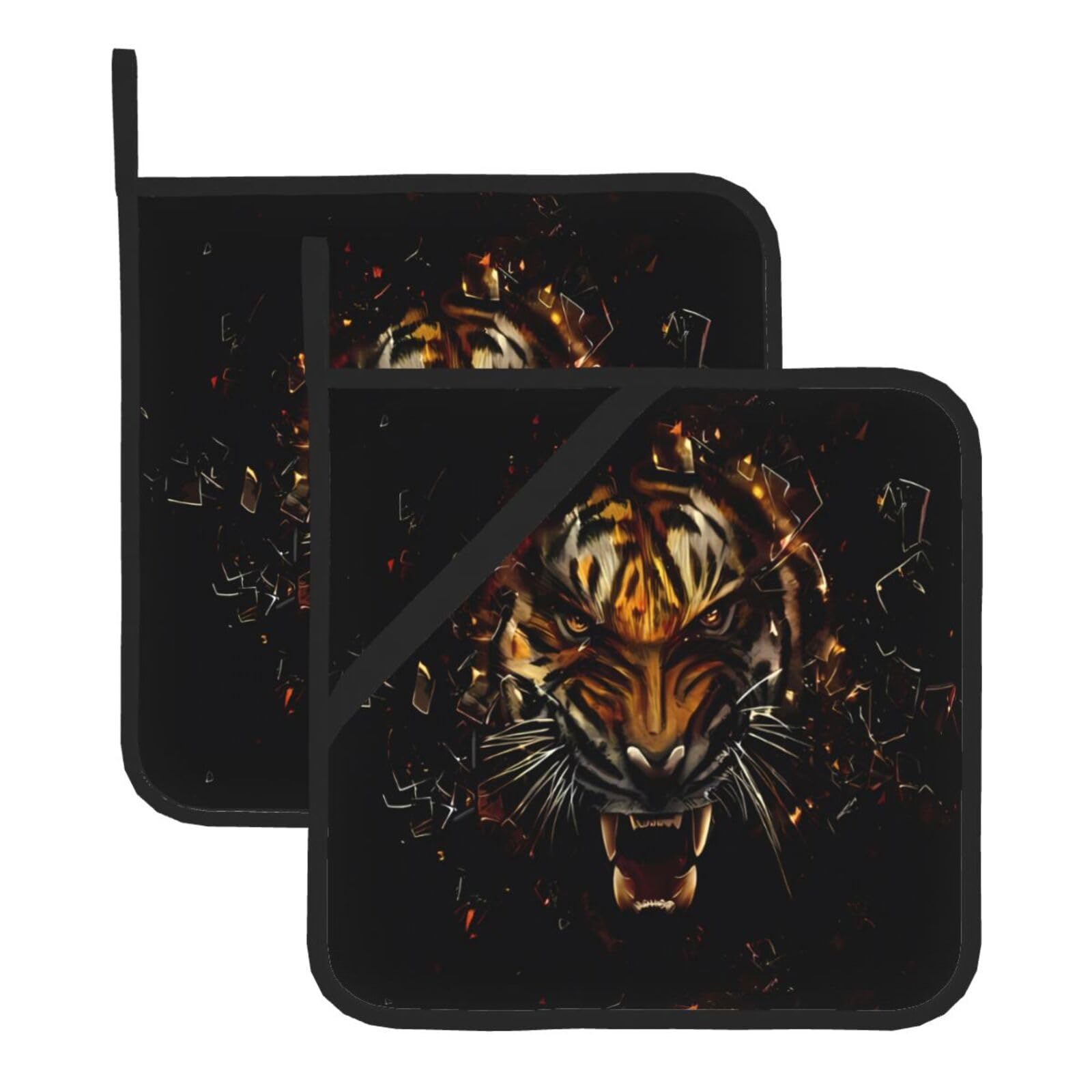 WHJDPP Ferocious Tiger Prints Square Hot Pads for Kitchen - Waterproof Pot Holders Set of 2, Durable Trivets with Pocket & Hanging Loop for Hot Dishes & Oven Use