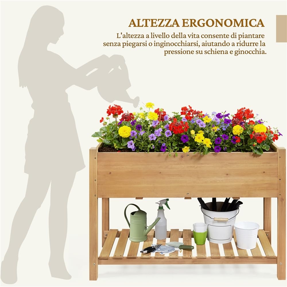 Yaheetech Fioriera/Aiuola Rialzata Orto Balcone Alta da Esterno in Legno Lettino per Piante Giardino con Ripiano Mensola 119 x 57 x 80 cm Portata 100 kg