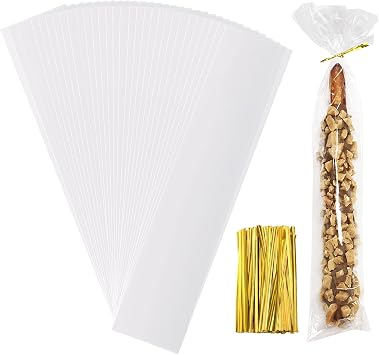2x10 Inches Clear Cellophane Treat Bags With Twist Ties,100Pcs