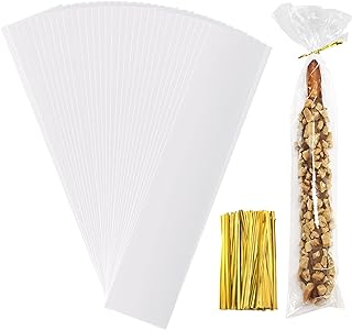 Pretzel Bags, 2x10 Inches Clear Cellophane Pretzel Rod Bags,Pretzel Treat Bags With Ties,100Pcs