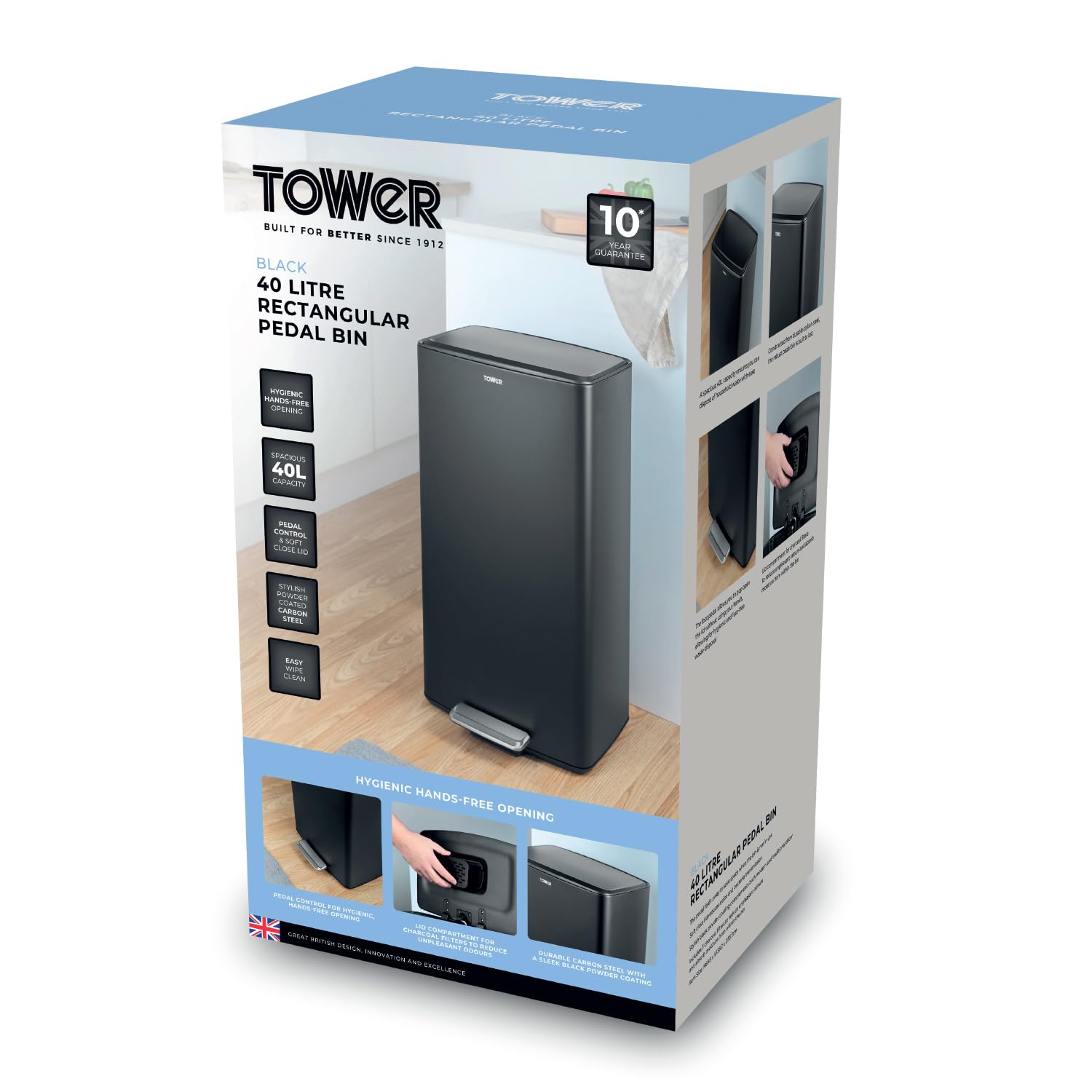 Tower T838020BLK Prostokątny kosz na pedały 40 l ze zdejmowanym wewnętrznym wiadrem i komorą na filtr, trwała stal węglowa, czarny