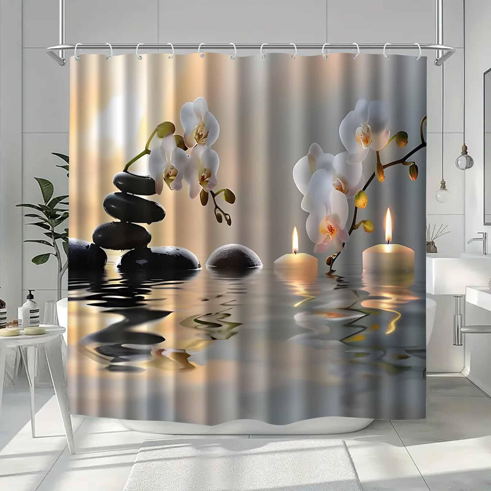 GLWDMB 1 Piece 90x180CM Zen Orchid Stone Candle Pattern Printed Shower Curtain With Hook, Polyester Fabric, For Windows And Walls, Bathtub, Bathroom, Machine Washable, All Season Universal