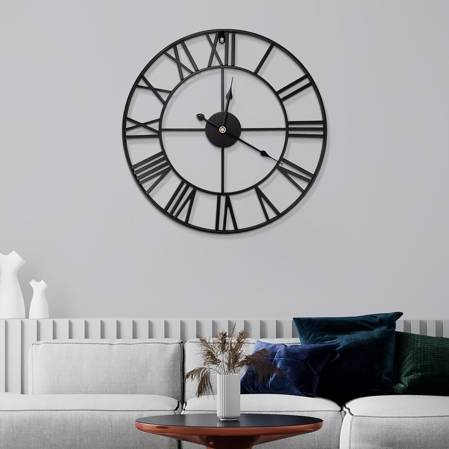 GUDEMAY Horloge Murale Design Moderne Vintage 50 cm Silencieuse Métal Chiffres Romains Noir