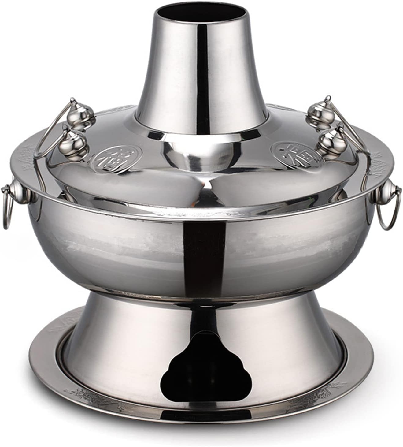 NGDFGR Traditional Chinese Copper Hot Pot,Vintage Charcoal Copper Shabu Shabu Hot Pot Stainless Steel Chinese Hotpot Soup Pot Shabu Cookware Pan With Chimney For 2-7 People,Silver-32cm