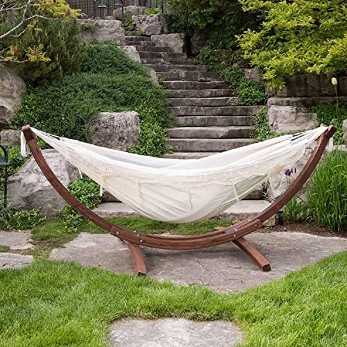 Durable Double Hammock with Stand Included Rust Weather Resistant Pine Wood Material Thick Strong Rope Size 41" H X 47" W X 102" D | Cozy Outdoor Chilling Bed Swing Solid Pattern Pretty Natural White