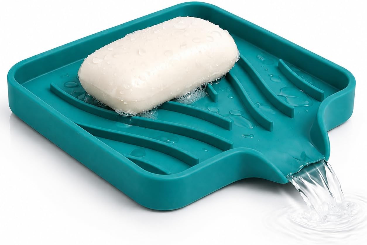 Self Draining Soap Dish with Drain Spout - Bar Soap Holder for Bathroom & Kitchen Sink - Flexible Non-Slip Silicone Soap Holder for Bar Soap, Sponge & Scrubber - 1 Pack