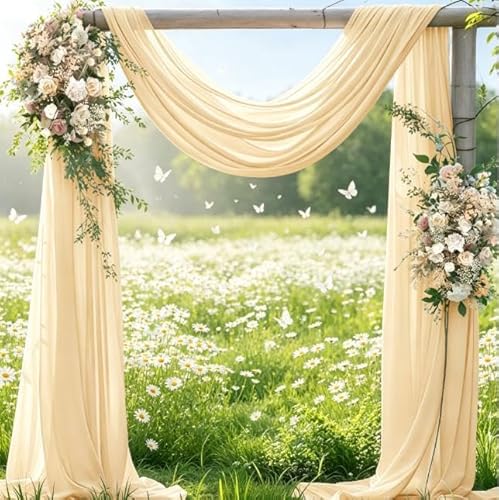 Jimtx Champagne Gold Spring 2 Panels Wedding Arch Draping Fabric 29" x 20Ft Sheer Drapes Outdoor Curtain for Wedding Party Baby Bridal Shower Arch Ceiling Backdrop Windows Decor