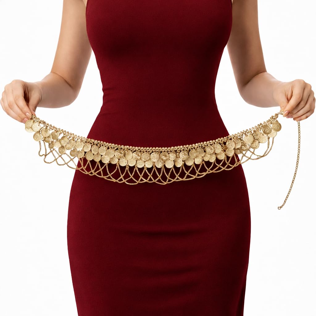 VRITRAZ Gold Plated Belly Dance Costume Accessory | Women’s Coin Hip Scarf Kamarbandh, Waist Belt | for Stage, Wedding, Lehenga & Cultural Events Festive Dance Performance Outfits 1